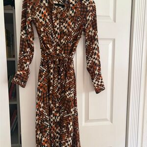 Women’s Long Sleeve Equipment Patterned Wrap Dress in Brown and Cream